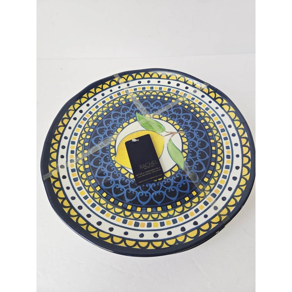 Rachel Roy Blue and White lemon plates Summer Melamine NEW set of 4 dinner lunch